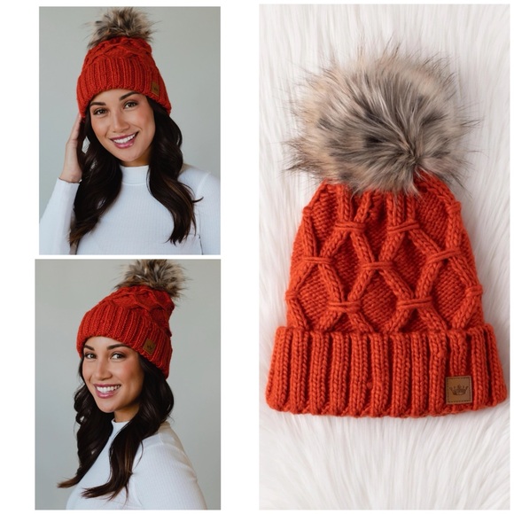 Accessories - Orange Knit Beanie with Faux Fur Pom